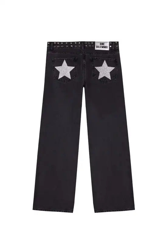 Y2K Black Baggy Jeans Women Star Sequin Rivet Washed Denim