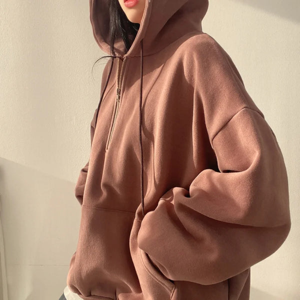Oversized Half Zip Hoodie Women Solid Harajuku Pocket Sweatshirt