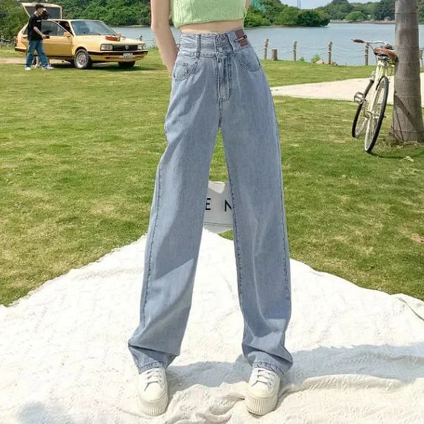 Fleece Lined High Waist Jeans Women Double Buckle Winter Warm Denim