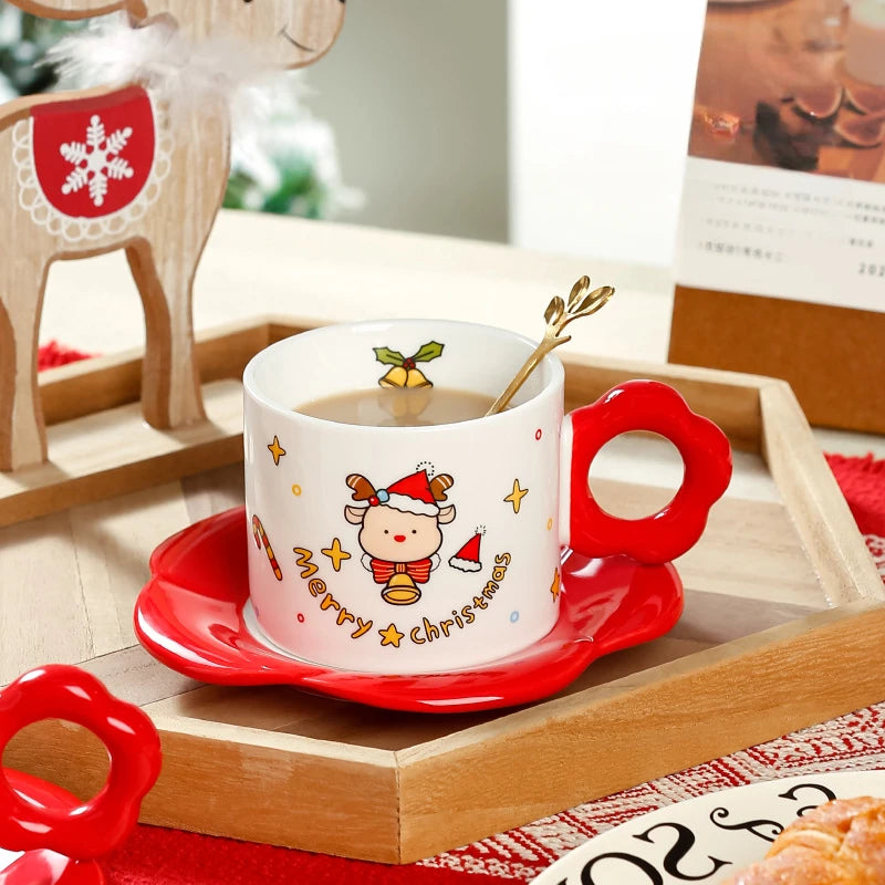 Creative Ceramic Coffee Cup with Spoon Christmas Style Cartoon