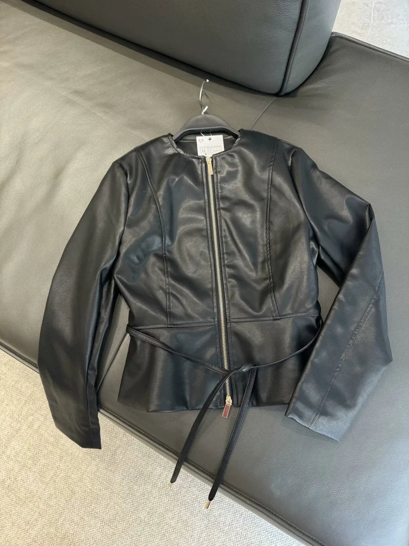 Spring Vintage Waist Skirt with Hem Imitation Leather Jacket Women