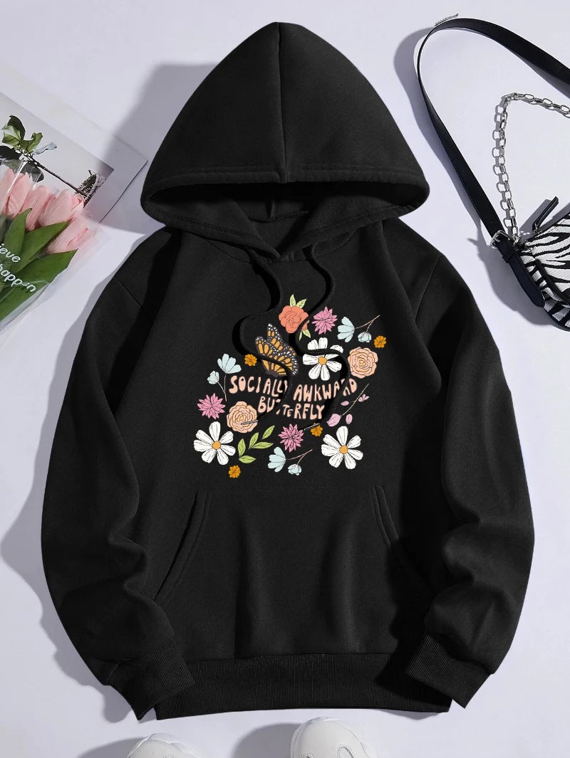Flowers And Butterflies Hoodie Women Plants Prints Pocket Loose Pullover