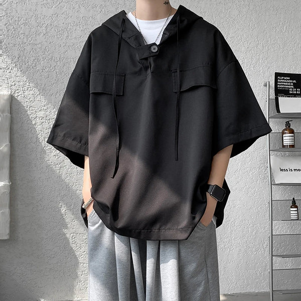 Hooded Tshirt Men Drawstring Short Sleeve Korean Streetwear