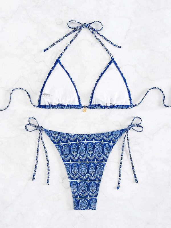 2024 Boho Blume Bikini Set Frauen Floral Print Blau Gemusterte Badende Bohemian