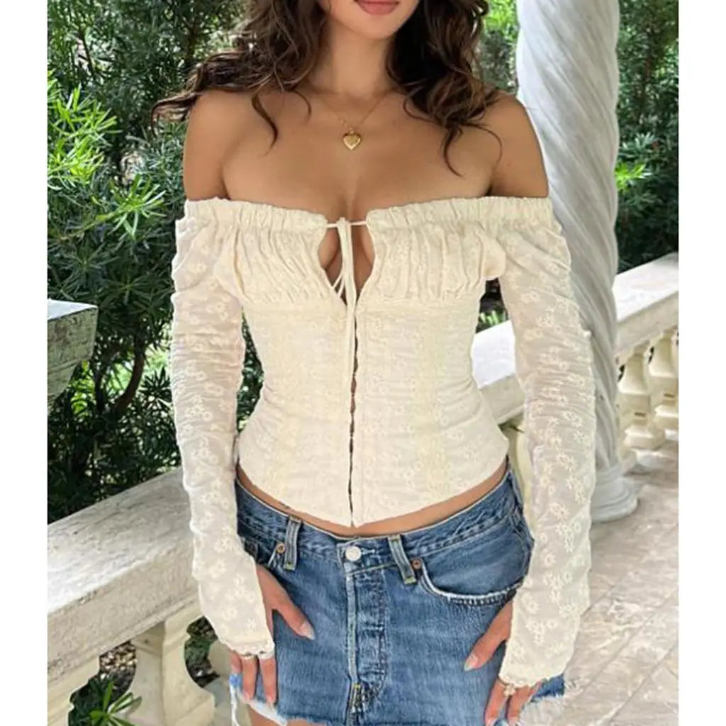 Women’s Off Shoulder Floral Embroidery Backless Crop Top