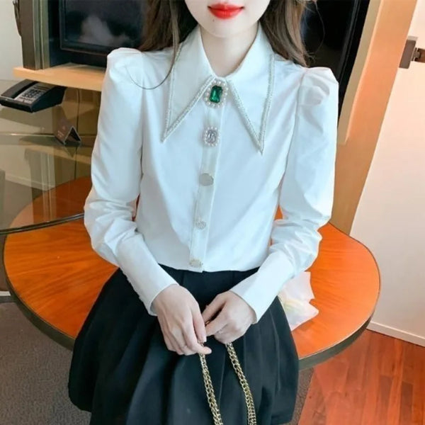 Polo Collar Shirt Women Diamond Button Long Sleeve Elegant Top