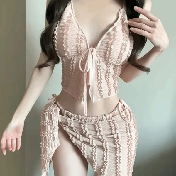 Three Piece Bikini Set Women Strapless Korean Style Swimsuit