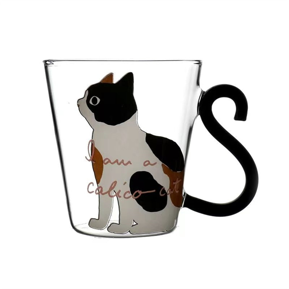 Glass Cup Cat Tail Handle Milk Coffee Mug Cute Cartoon Kitty