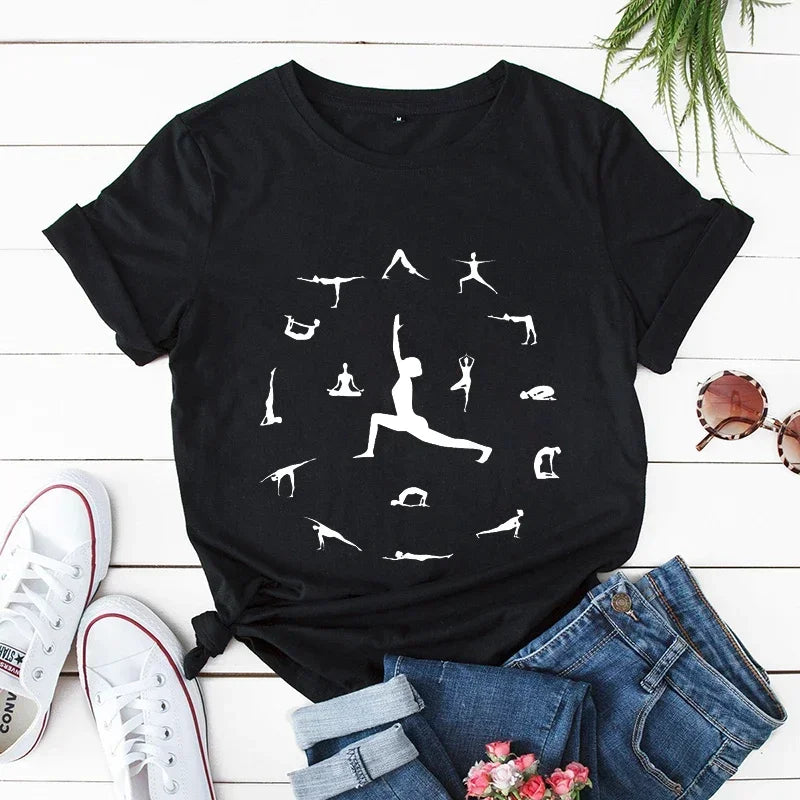 Women’s Yoga Posture Graphic T-Shirt Summer Casual Short Sleeve Tee