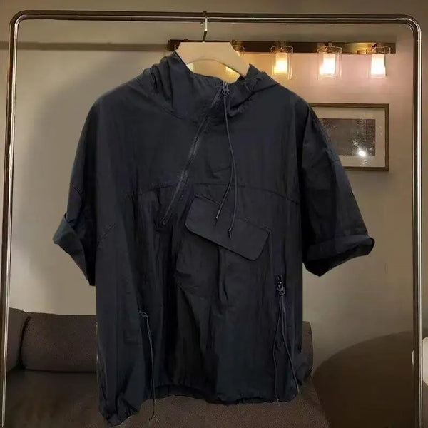 Mens Hooded Polo Shirt Short Sleeve Cotton Blend Casual Summer Tee