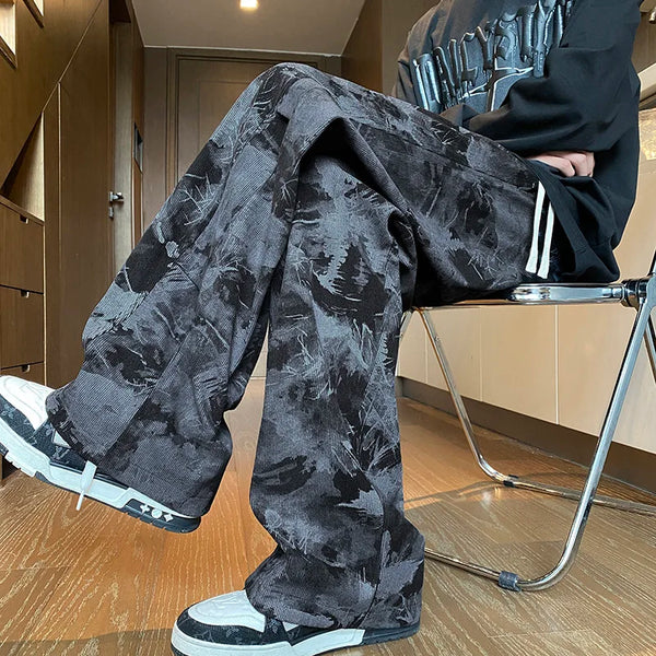 Mens Tie Dye Pants Korean Streetwear Wide Leg Black Casual Trousers