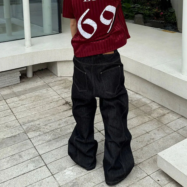 Mens Buckle Detail Curved Leg Jeans Black Wide Fit Hip Hop Pants