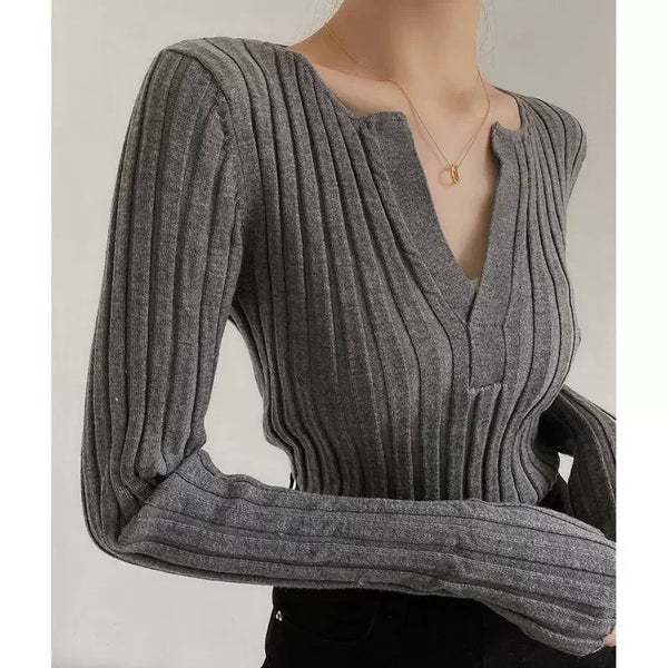 V Neck Base Layer Sweater Women Long Sleeve Slim Knit Fall Winter