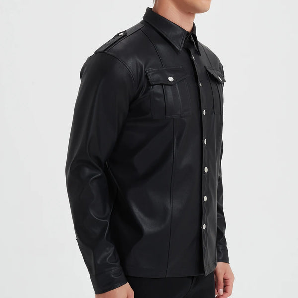 Mens PU Leather Shirt Long Sleeve Elastic Police Style Top