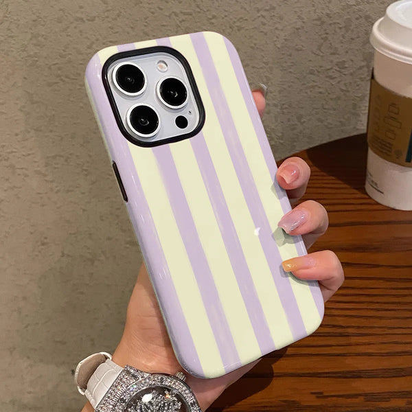 Cream Purple Stripe iPhone Case Dual Layer 13 14 15 16 17 Pro Max
