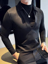 Men Suede V Neck T Shirt Mock Layer Slim Fit Pullover