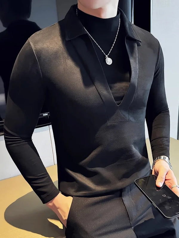 Men Suede V Neck T Shirt Mock Layer Slim Fit Pullover