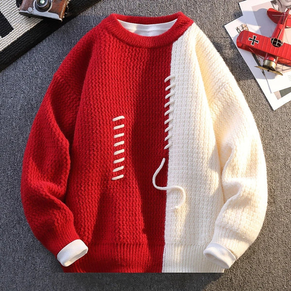 Mens Crew Neck Sweater Drawstring Splice Knit Pullover Fall Winter