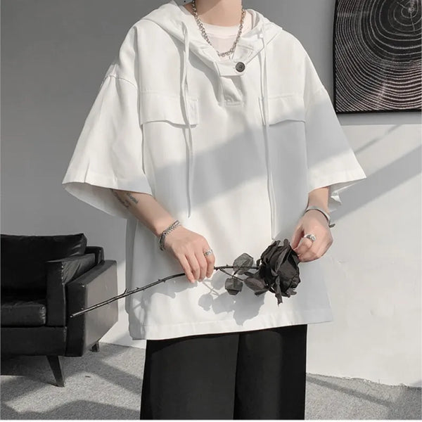 Hooded Tshirt Men Drawstring Short Sleeve Korean Streetwear