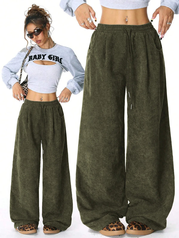 Women High Waisted Wide Leg Pants Drawstring Casual Lounge Trousers