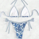 Blue and white printed sports bikini backless