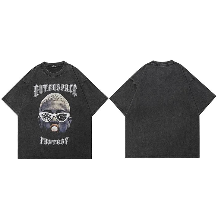 Men Retro Washed Black Hip Hop T-Shirt