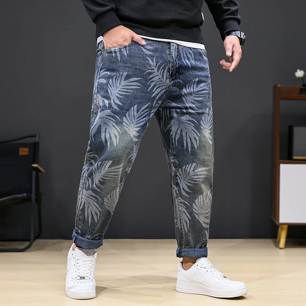 8XL Men’s Plus Size Denim Jeans with Leaf Print Stretch Loose Fit