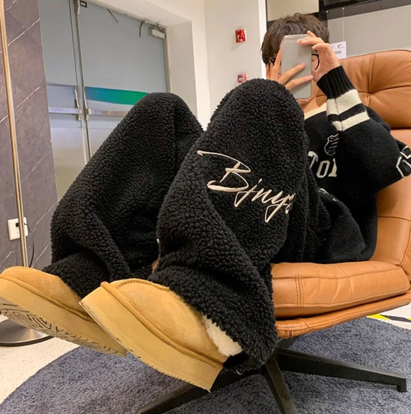 Mens Sherpa Fleece Sweatpants Embroidered Straight Leg Joggers