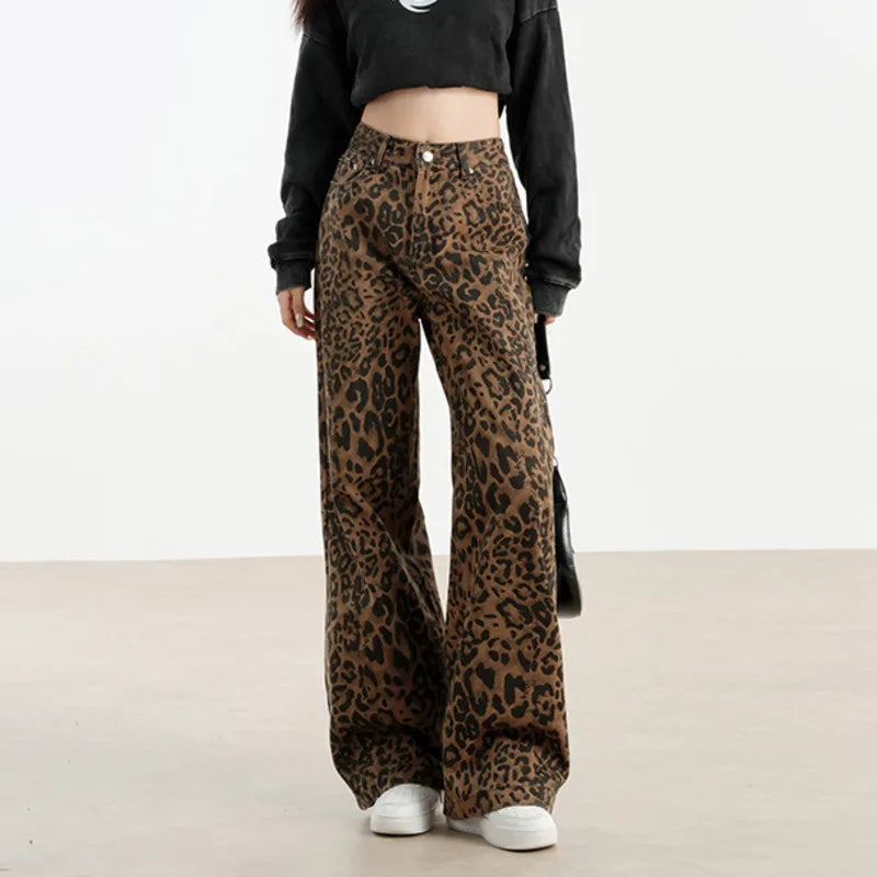 Women's Leopard Print Wide Leg Jeans High Waist Vintage Streetwear