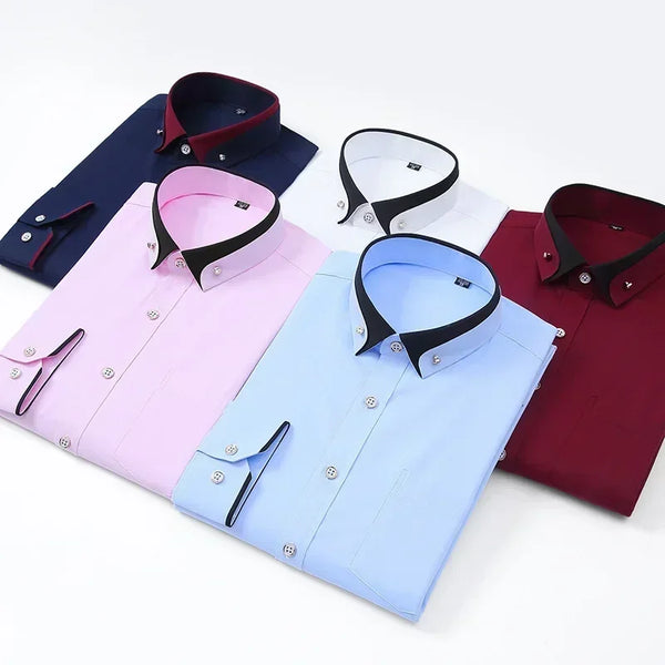 Men’s No-Iron Long Sleeve Shirt – Business Casual Solid Color with Contrasting Collar (Spring Autumn)