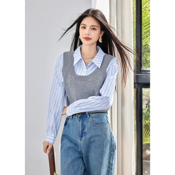 Womens Striped Knit Polo Shirt Two Piece Set Elegant Office Autumn