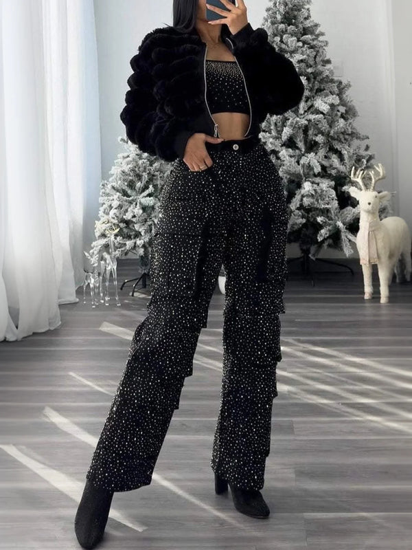 High Waist Black Jeans Women Rhinestone Multi Pocket Straight