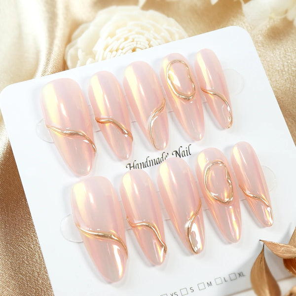 10pcs Gold Metallic 3D Press-On Almond Fake Nails