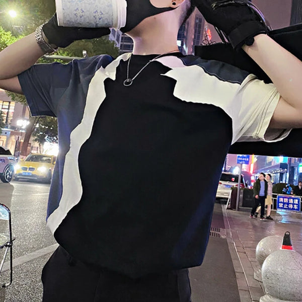 Mens Cutout Tshirt Spliced Design Short Sleeve Streetwear