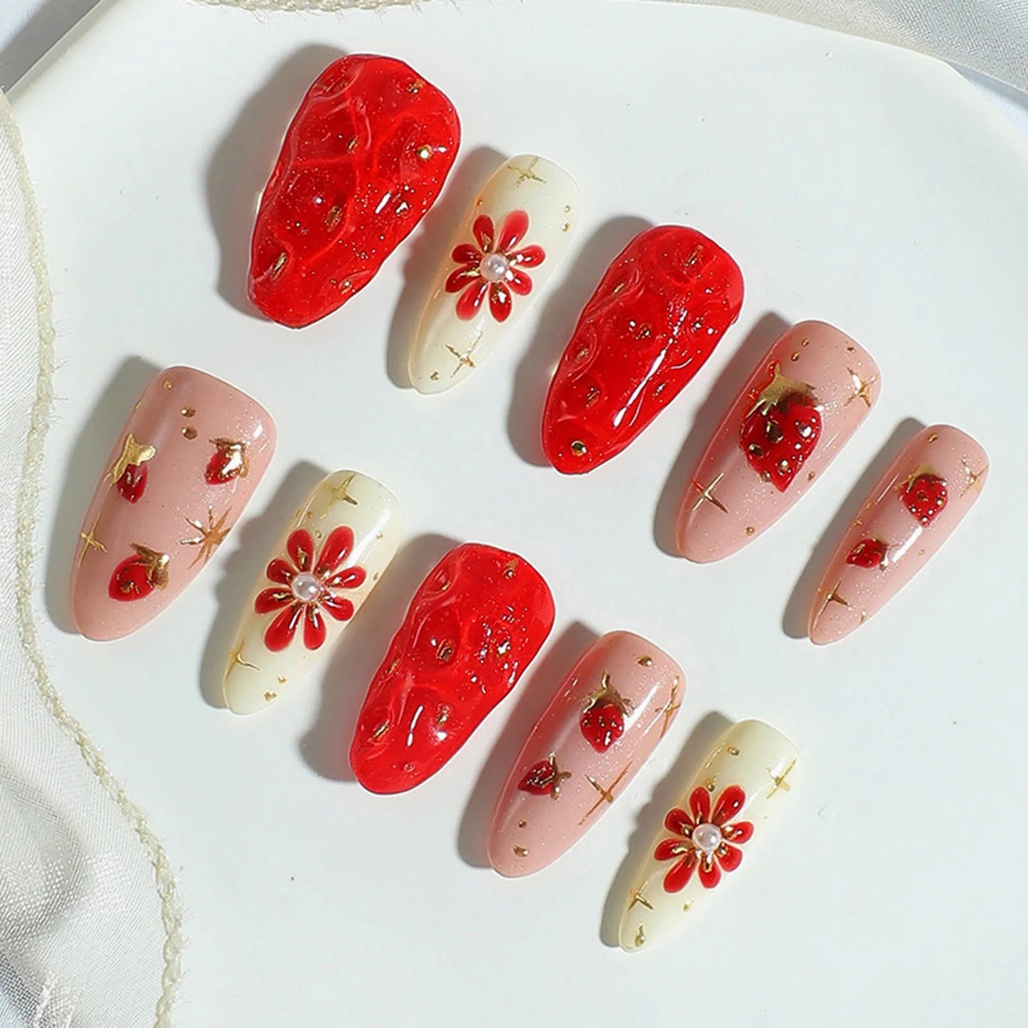Handmade 3D Strawberry Fake Nails Y2K Long Almond