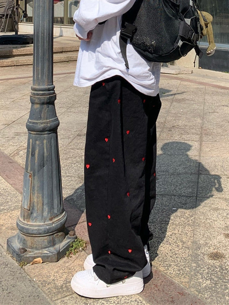 Women Sports Pants Wide Fashion Love Harajuku Sweatpants Beige