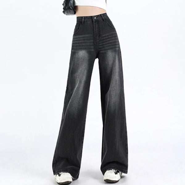 Y2K Black Wide Leg Jeans Women High Waist Fleece Lined Punk Style