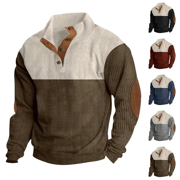 Men's Corduroy Sweatshirt - Stand Collar Color Block Button Up