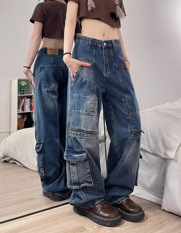 Women's Blue Cargo Jeans: Y2K Harajuku Style