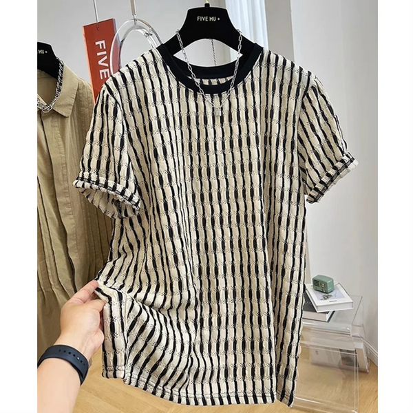 Mens Mesh Stripe Tshirt Cutout Design Short Sleeve Streetwear