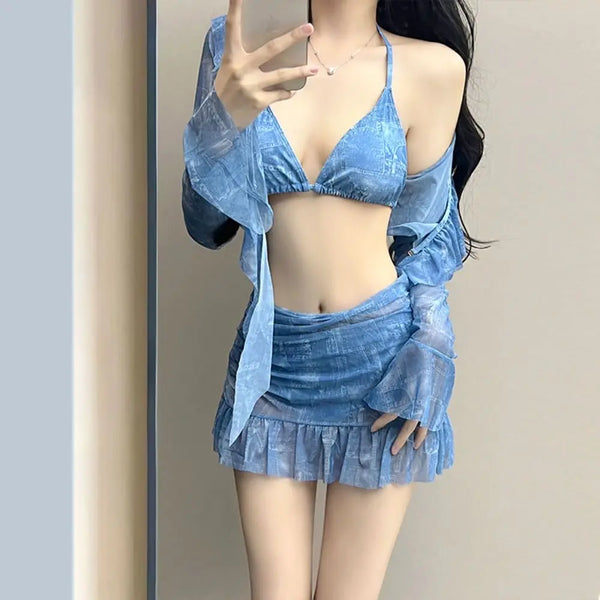 Four Piece Bikini Set Halter Neck Long Sleeve Cover Up Swimsuit