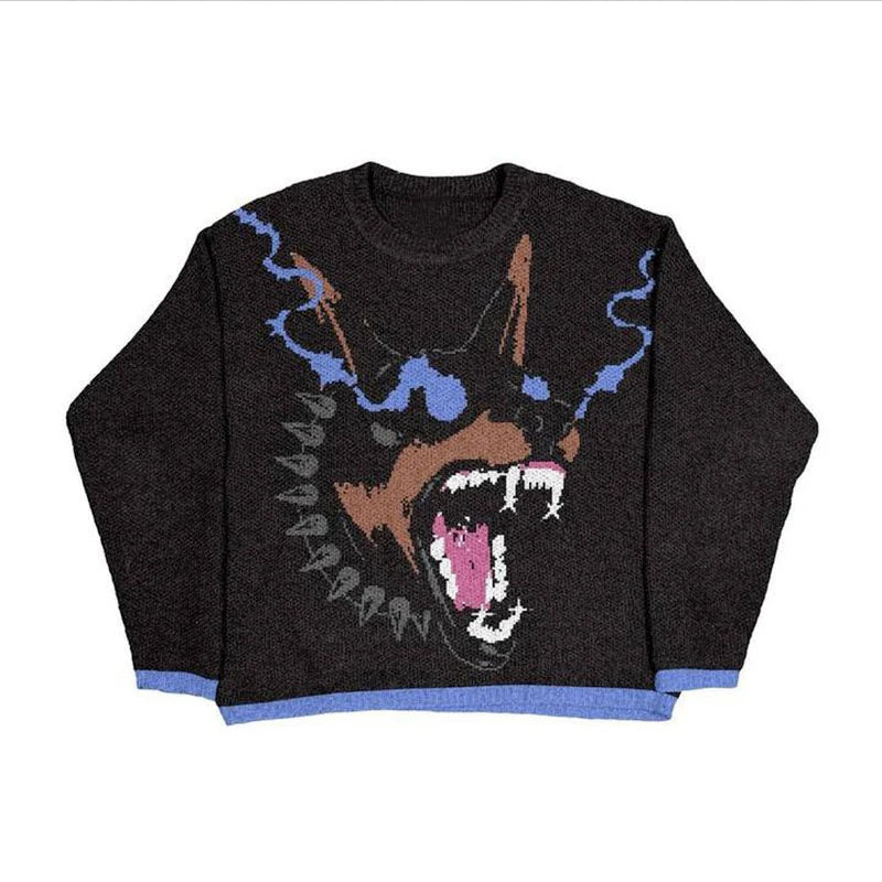 Vintage Eye Graphic Knitted Sweater Men Black Loose Pullover Harajuku