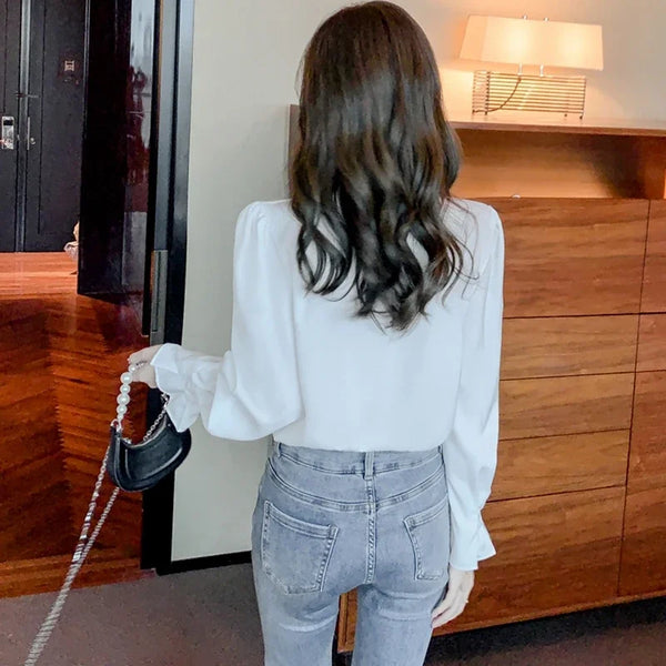 Chic White Chiffon Blouse Womens Long Sleeve Dressy Casual Top 2026