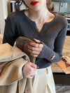 V Neck Sweater Women Knit Pullover Fall Winter Solid Color Top
