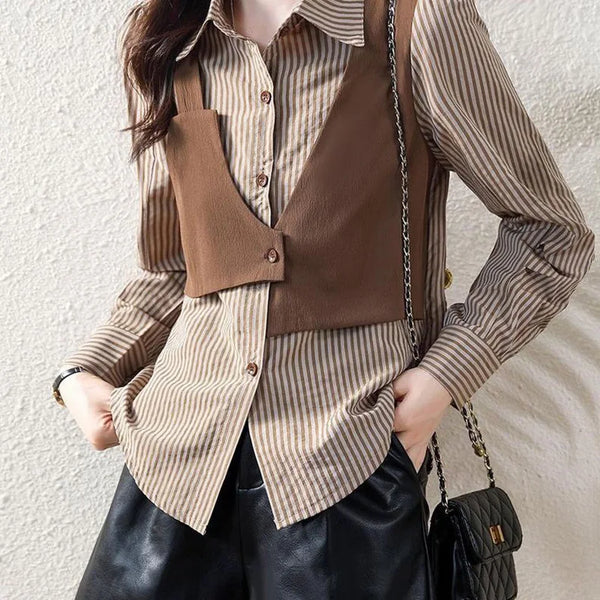 Spliced Striped Fake Two Pieces Shirt Women's Clothing