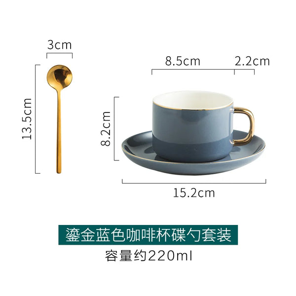 Gold Rim Coffee Cup and Saucer Set with Spoon European Ceramic