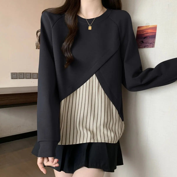 Plus Size Layered Look Striped Top Women Loose Slimming Blouse