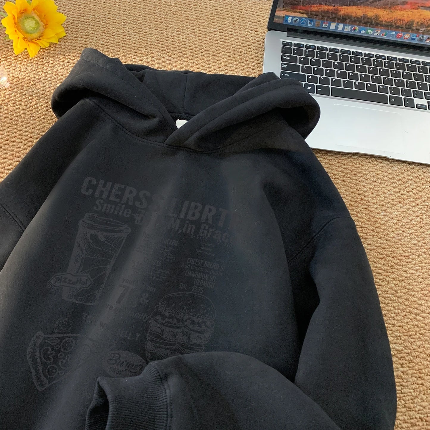 Retro Suede Printed Hoodie Men Hip Hop Streetwear