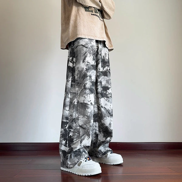 Mens Tie Dye Pants Korean Streetwear Wide Leg Black Casual Trousers