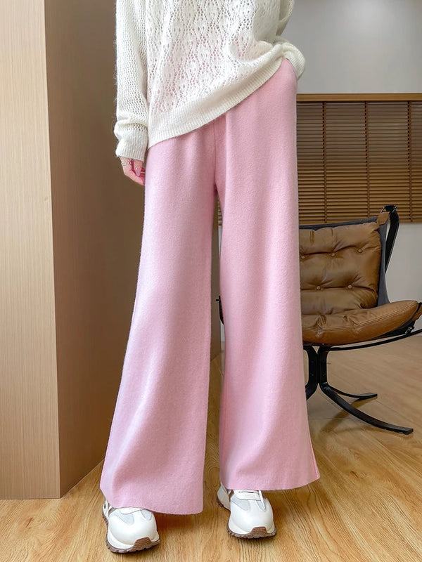 Womens Merino Wool Pants Flared Knit Trousers Elastic Waist Office